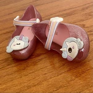 Mini Melissa | rainbow unicorn sparkly pink shoes.